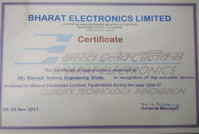 Certificate of Appreciation from Bharat Electronics Limited, 2016-17
