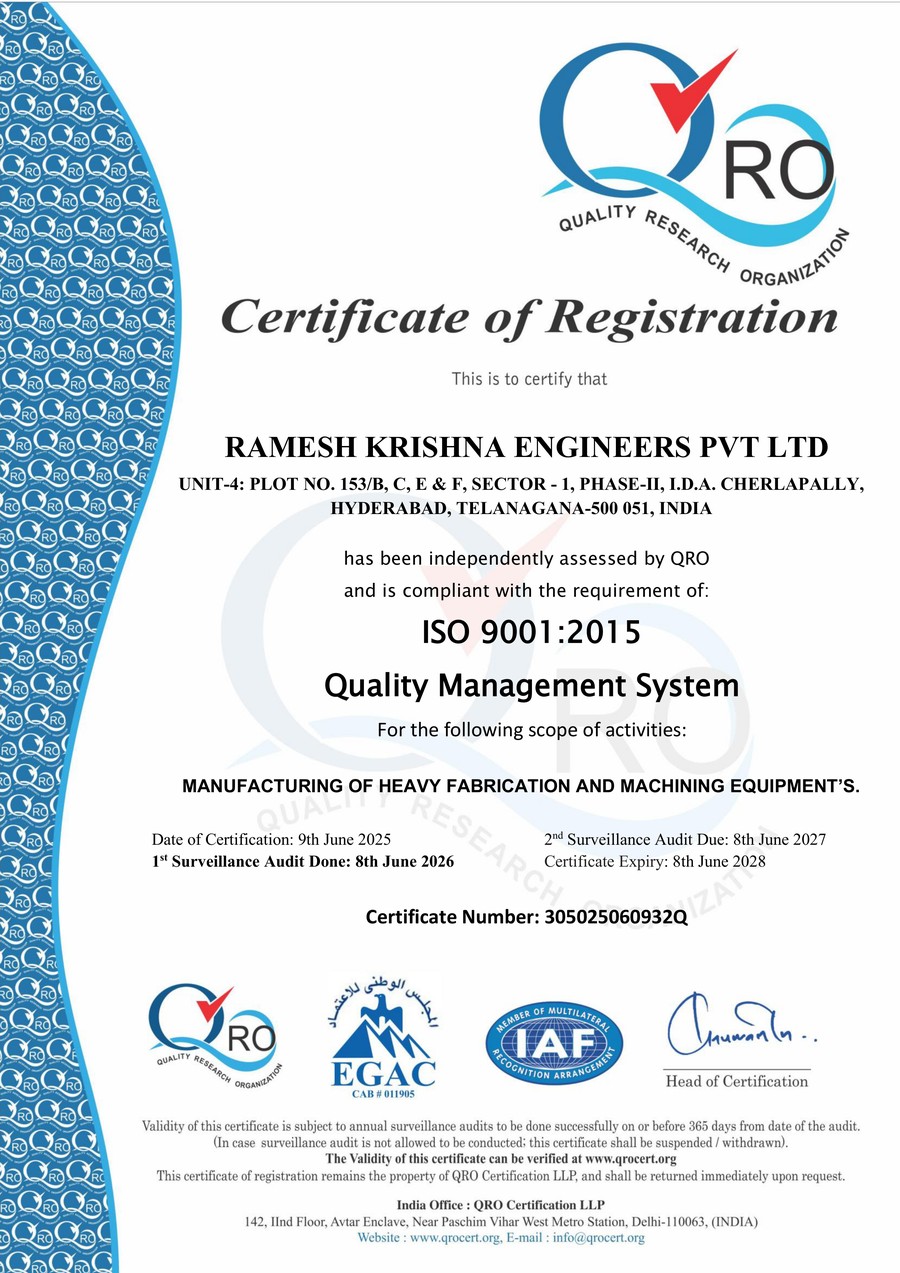 QRO certificate of registration, ISO 9001:2015 Quality Management System, issued to Ramesh Krishna Engineers Pvt Ltd Unit 4, Cherlapally, Hyderabad